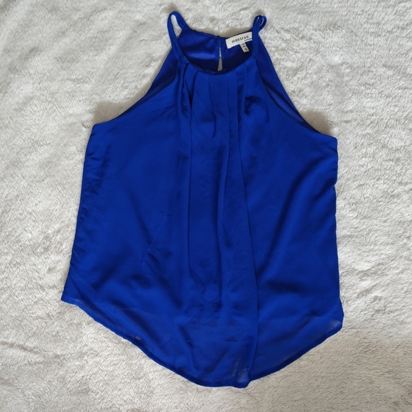 Monteau Sz Small Royal blue Sleeveless halter Top Blouse  Pleated High Collar - Picture 4 of 7